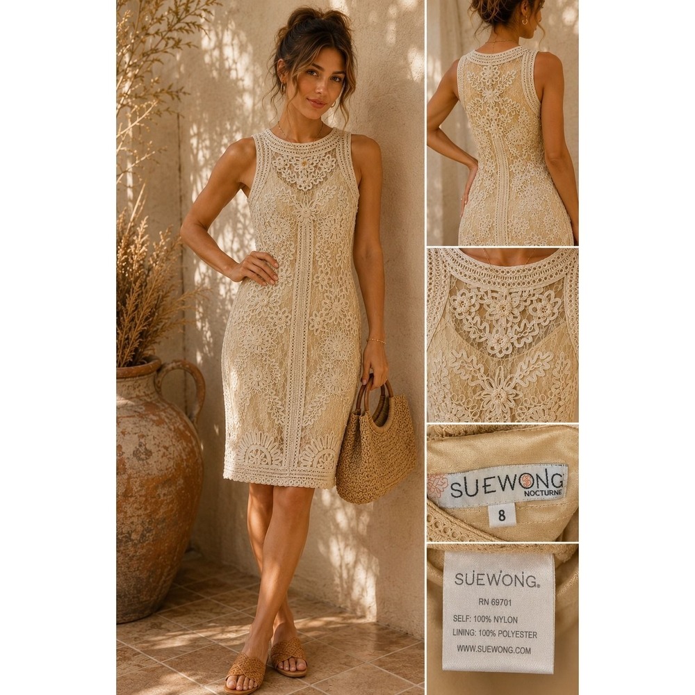 M 66. Sue Wong Nocturne Beige Lace Crochet Floral Sheath Cocktail Dress Size 8